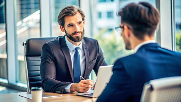 Photo a man in a suit and tie sits at a table with a laptop and a man in a suit