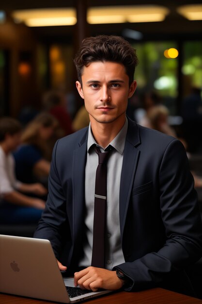 Man in suit and tie sitting in front of laptop Generative AI