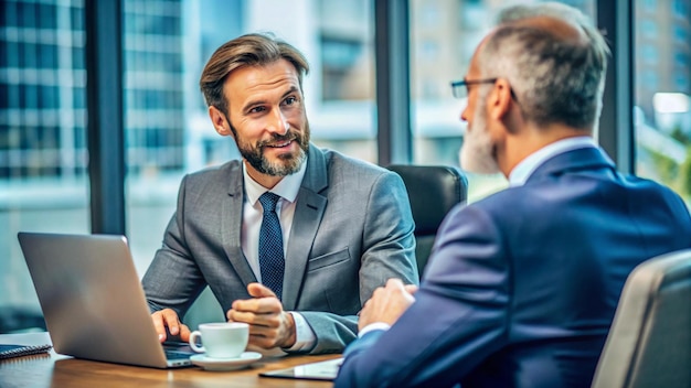 Photo a man in a suit and tie sitting at a table with a man in a suit and tie