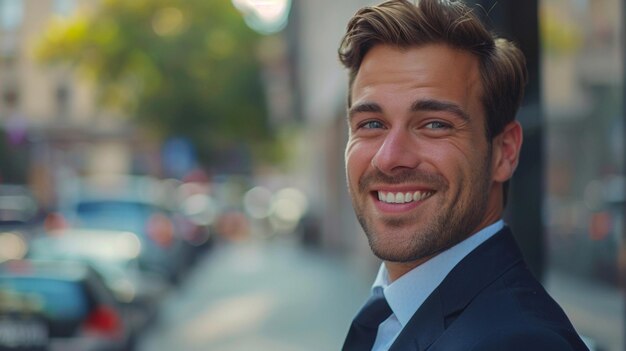 Photo a man in a suit and tie smiling in front of a street