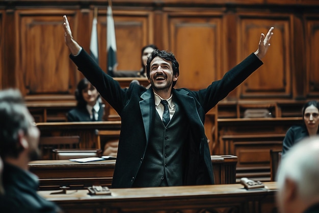 A man in a suit and tie standing in a courtroom with his arms up