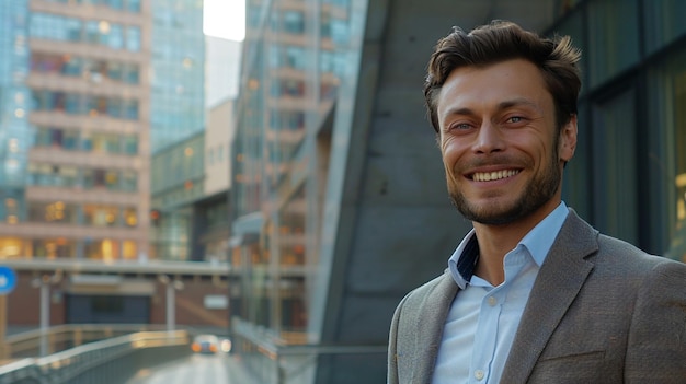 a man in a suit and tie stands in front of a building with a sign that says  smile