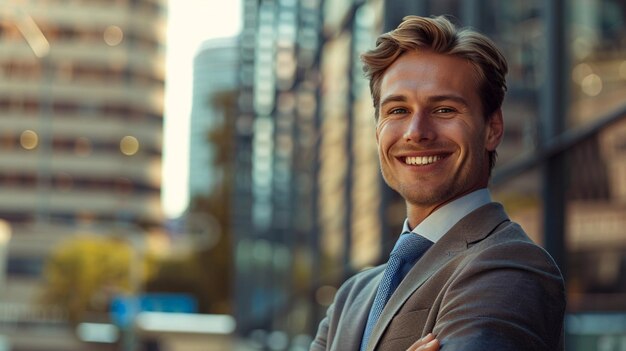 a man in a suit and tie stands in front of a building