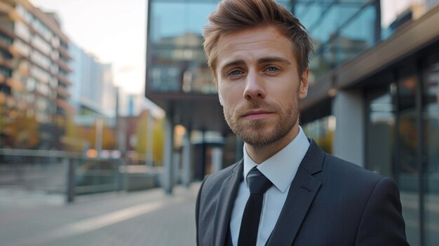 a man in a suit and tie stands in front of a building