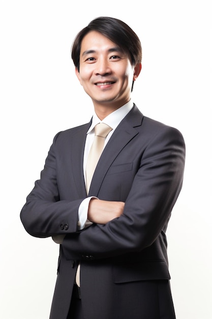 A man in a suit and tie stands in front of a white background