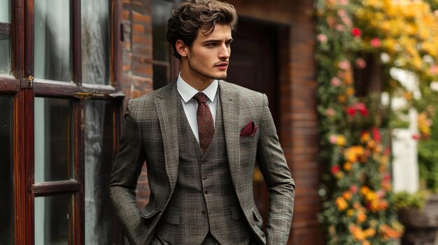 a man in a suit and tie stands outside a house