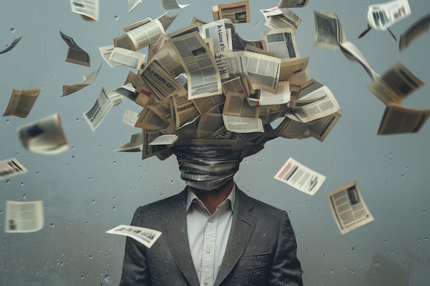 A man in a suit and tie surrounded by a chaotic swirl of papers falling from his head symbolizing the overwhelming nature of the business world