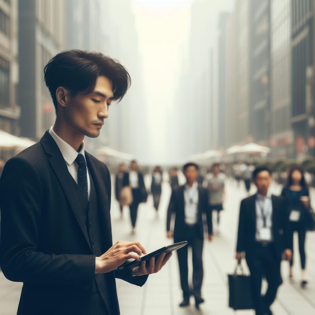 a man in a suit and tie using a tablet