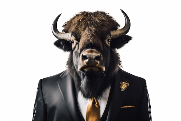 a man in a suit and tie with a buffalo head