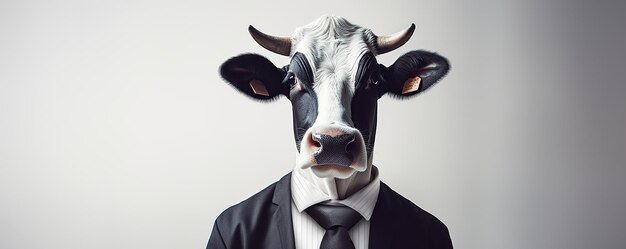 a man in a suit and tie with a cow on his head