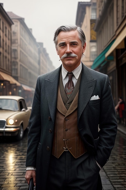 A man in a suit and vest stands in front of a building with a gold car in the background.