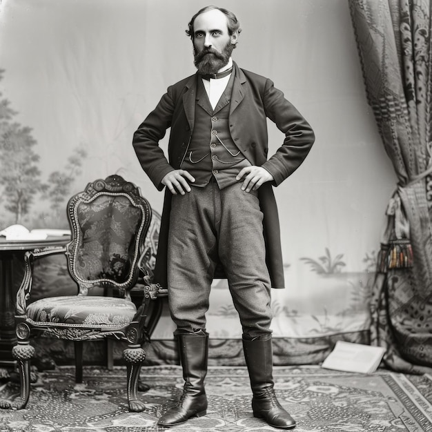 A man in a suit and vest stands in front of a chair