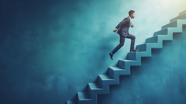 Man in Suit Walking Up Stair