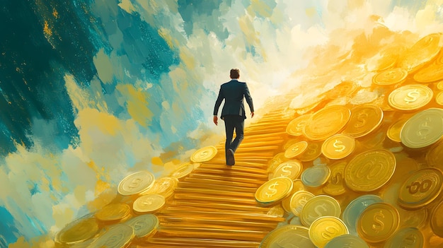 Man in Suit Walking Up a Staircase Made of Gold Coins