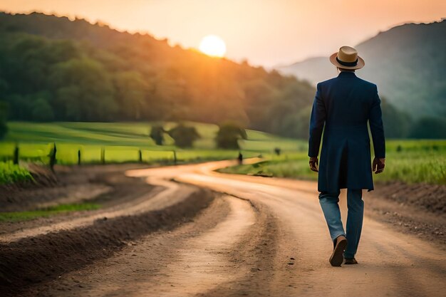 a man in a suit walks down a dirt road towards the sunset