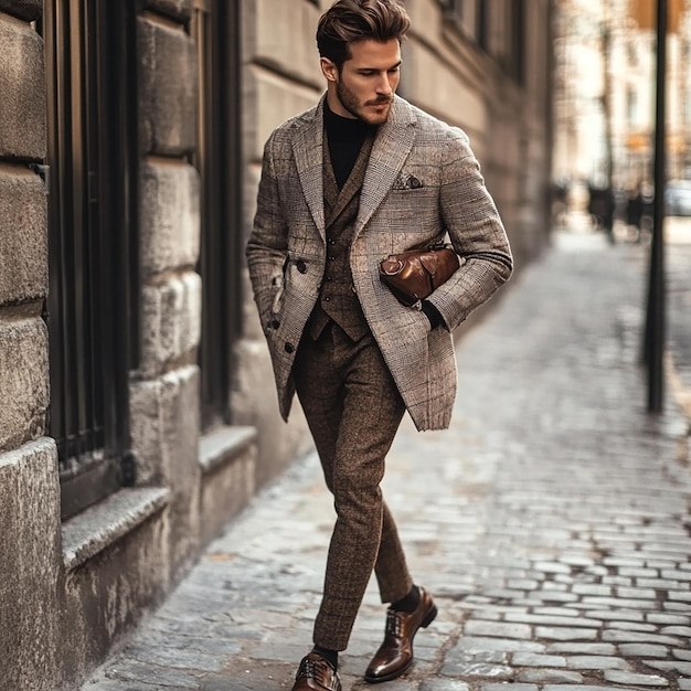 Photo a man in a suit walks down a street in front of a building