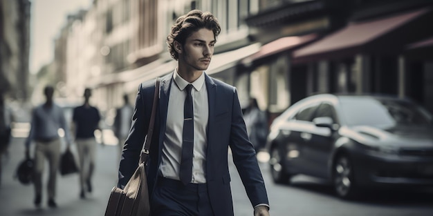 A man in a suit walks down a street with a bag on his shoulder.