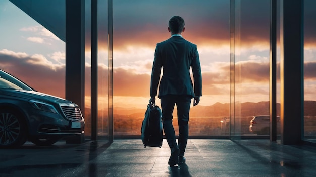 a man in a suit walks down a street with a car in the background