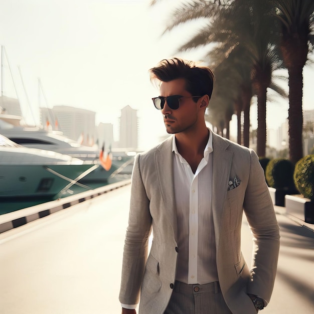 Photo a man in a suit walks down a street with a palm tree in the background