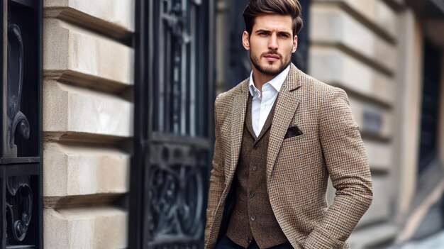 a man in a suit walks down a street