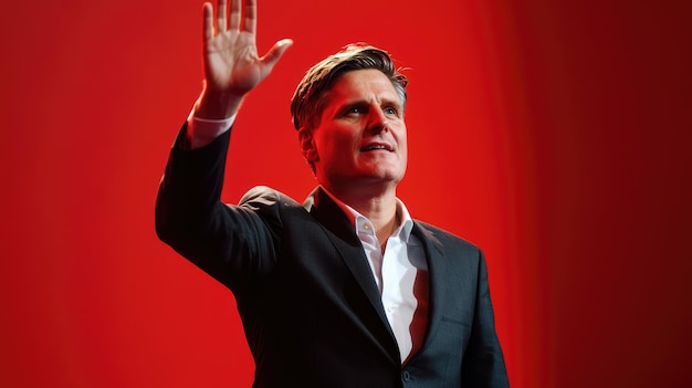 a man in a suit waving at a red background