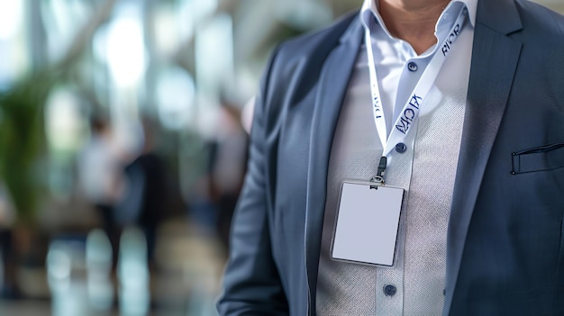 Photo man in suit wearing a lanyard with blank name tag