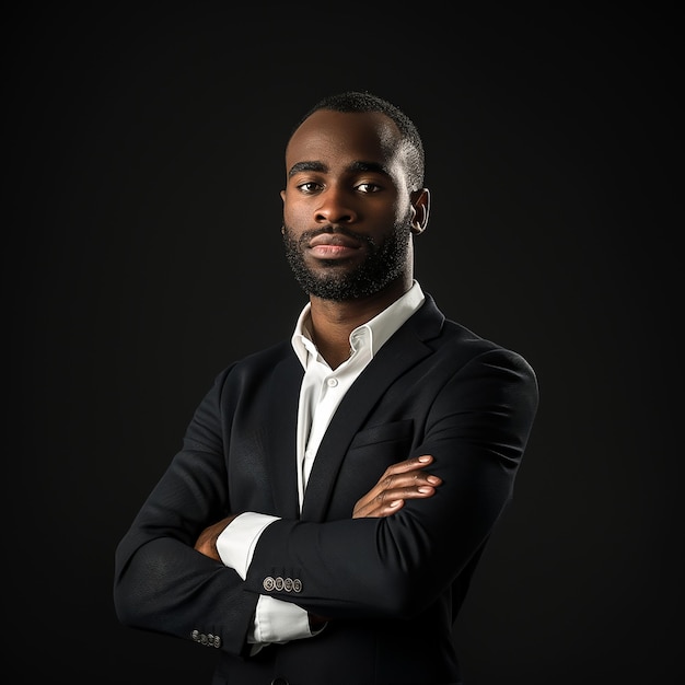 A man in a suit and white shirt standing with his arms crossed