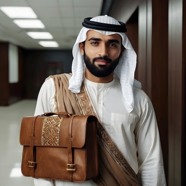 a man in a suit with a bag in his hand and a man in the background looking at the camera