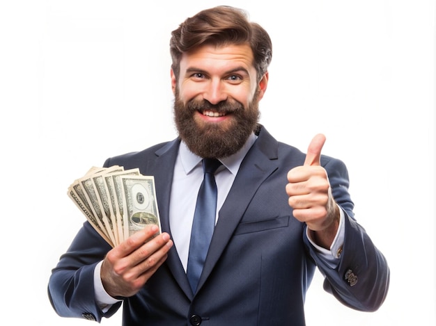 a man in a suit with a beard and a beard holding a stack of money