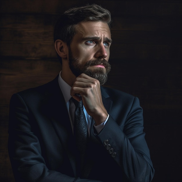 A man in a suit with a beard and a tie that says " he is a man. "