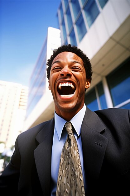 A man in a suit with a big smile and a blue shirt says that he is laughing.