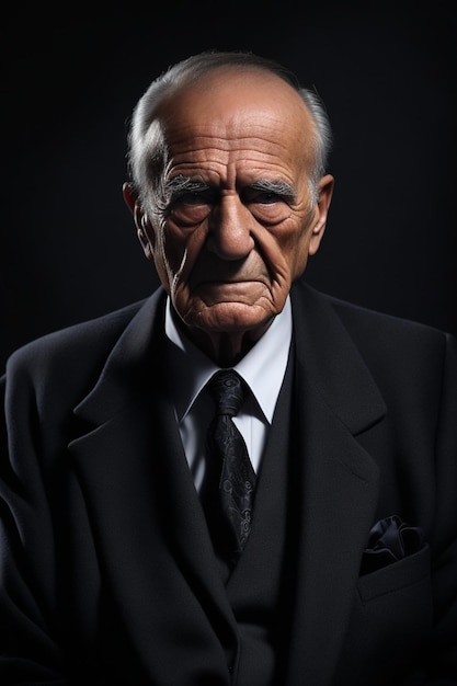 A man in a suit with a black tie and a black background