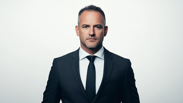 a man in a suit with a black tie and a white background