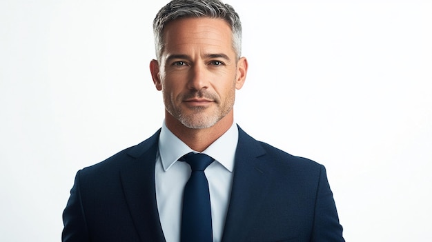 Photo a man in a suit with a blue tie and a white background