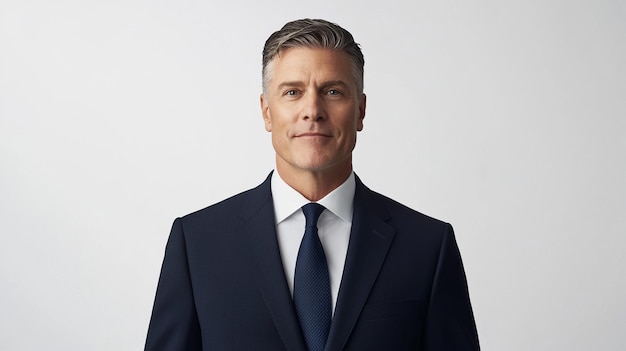 a man in a suit with a blue tie and a white shirt