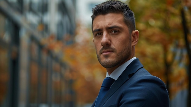 a man in a suit with a blue tie and a white shirt