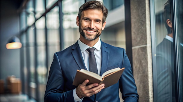 a man in a suit with a book that says quot he is smiling quot