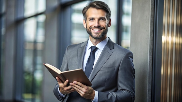 a man in a suit with a book that says  smile