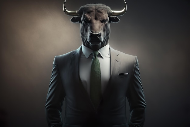 A man in a suit with a bull head.