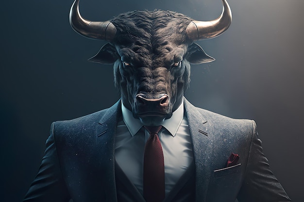 A man in a suit with a bull on his head