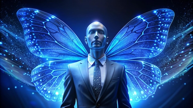 a man in a suit with a butterfly wings