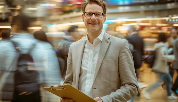 a man in a suit with a clipboard in his hand