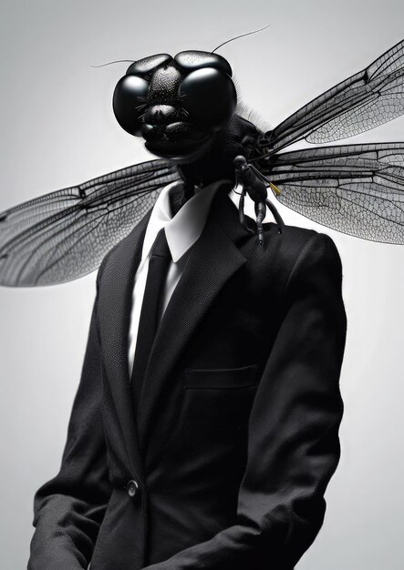 Photo a man in a suit with a dragonfly on his head