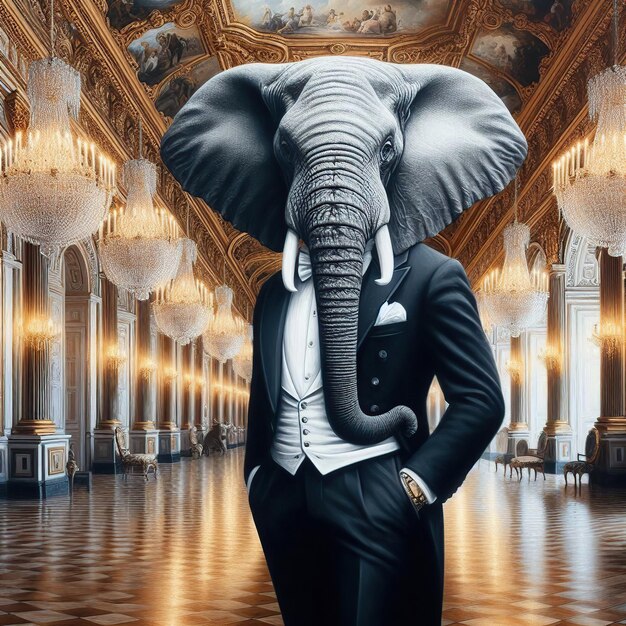 Photo a man in a suit with an elephant on his head