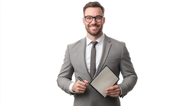 a man in a suit with glasses holding a tablet