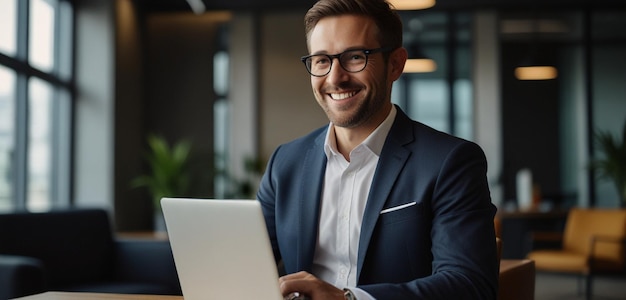 a man in a suit with glasses is sitting at a table with a laptop