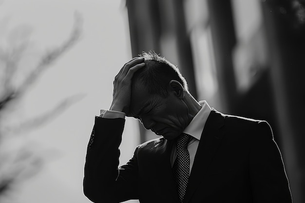 Man in Suit with Hand on Head