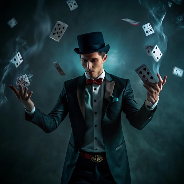 Photo a man in a suit with a hat and a pair of dice in the air