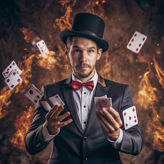 a man in a suit with a hat and a suit with playing cards