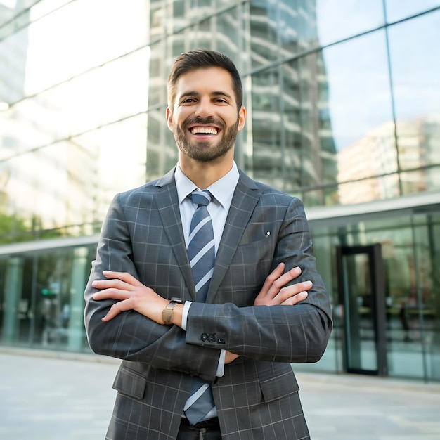 a man in a suit with his arms crossed in front of a building AI GENERATED